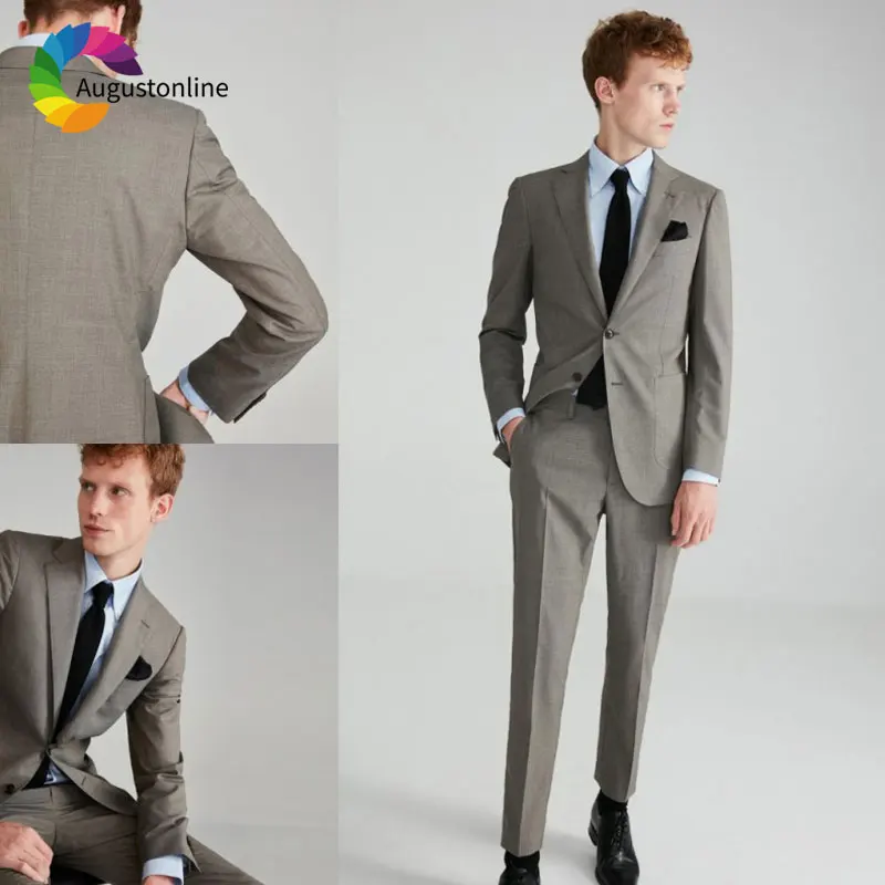 Custom Made Grey Men Suits Wedding Groom Tuxedos Man Blazer Jacket Pants Slim Fit Gentlemen Prom Wear Terno Masculino 2Piece