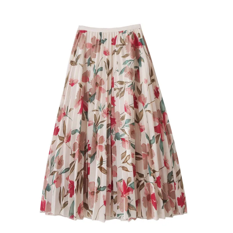 PEONFLY Для женщин Шифоновая юбка летняя с цветочным принтом элегантная складчатая юбка дамы Винтаж Высокая Талия Миди-юбки