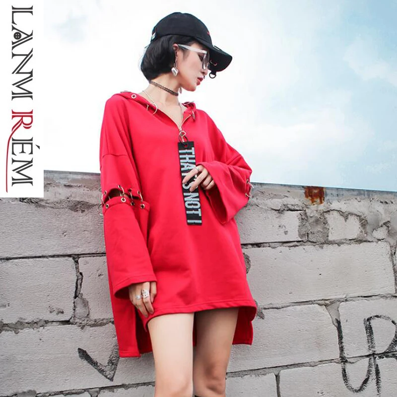 

LANMREM 2019 Spring Ribbon Zippr Hooded Sweatshirt For Women Metal Decoration Irregular Large Size Loose Casual Tops Tide YG868