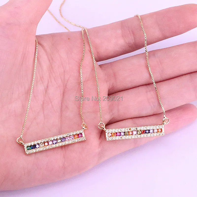 

10Pcs Beautiful Rainbow Multi Color Cubic Zirconia CZ Rectangle Bar Gold Color Pendant Necklace For Women Trendy Gifts