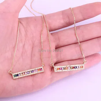 

10Pcs Beautiful Rainbow Multi Color Cubic Zirconia CZ Rectangle Bar Gold Color Pendant Necklace For Women Trendy Gifts