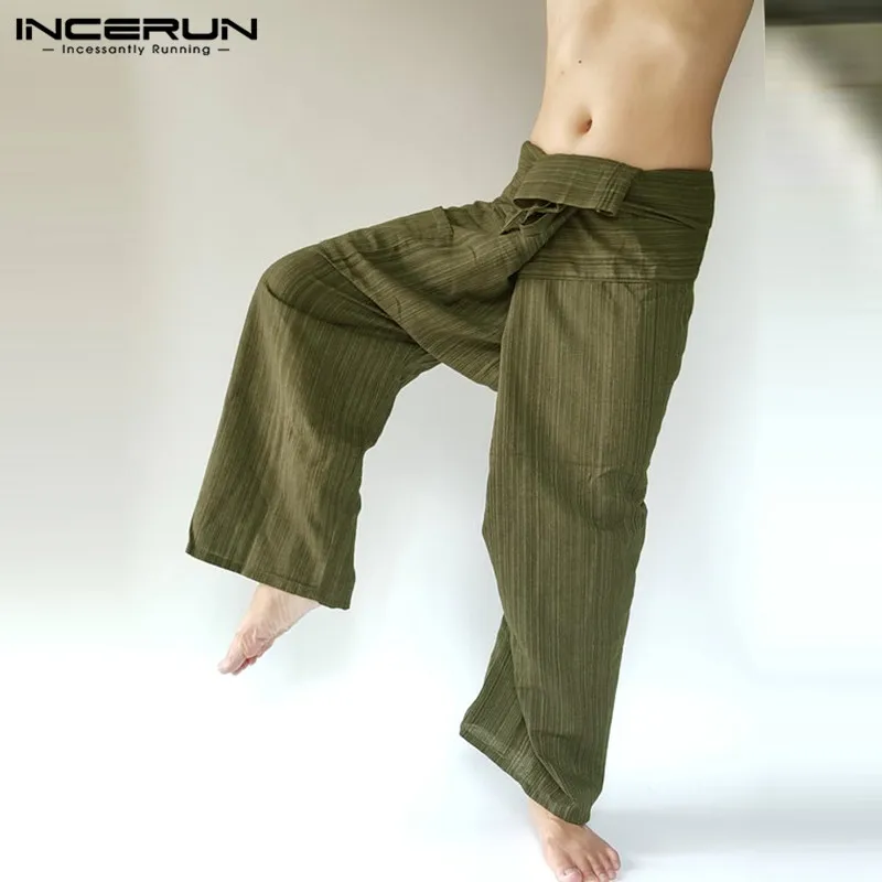 

INCERUN Striped Men Thai Fisherman Pants Pockets Cotton Joggers Wide Leg Yoga-pants Vintage Loose Casual Trousers Men Plus Size