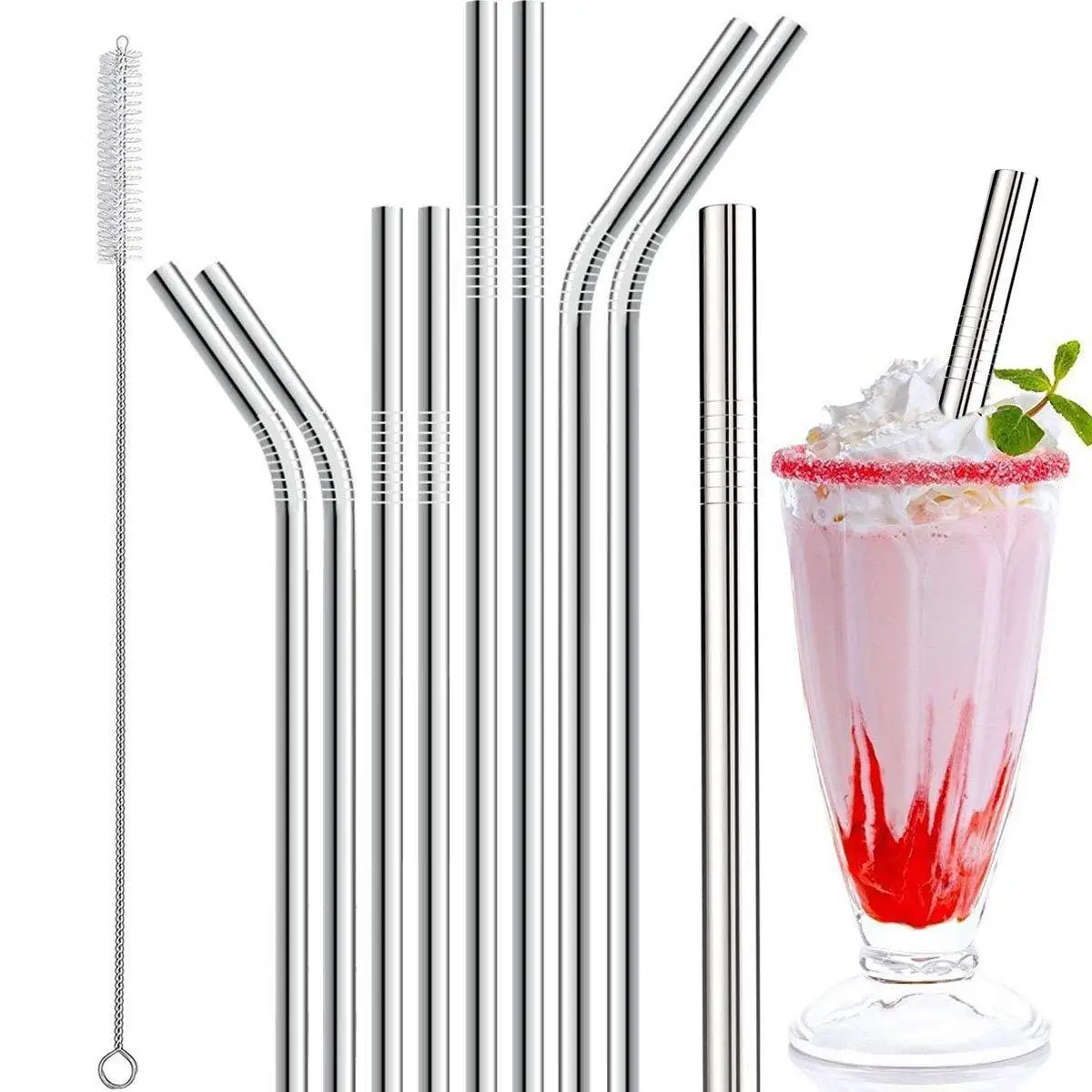 

10Pcs Drinking Straws Reusable Creative Stainless Steel Bent Straight Straws With 2 Brushes for Beverage Coffee Kitchen Bar Tool