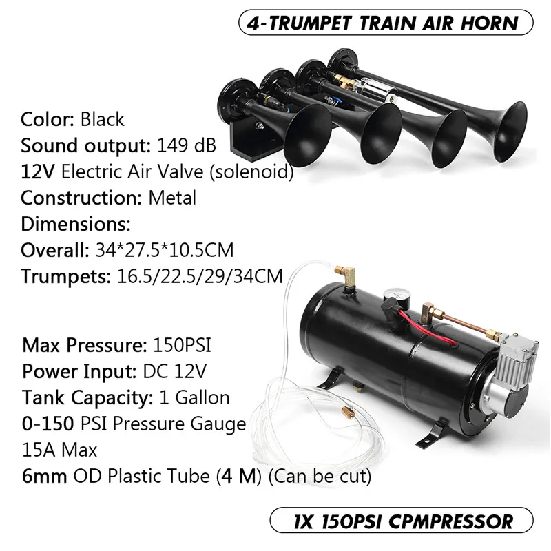 4 шт. громкий трубы музыкальный автомобиля воздушный рожок, украшенное мозаикой из драгоценных камней, 12v 150PSI воздушный компрессор комплект универсальный для внедорожник Грузовик Автобус с юбкой-годе, комплект