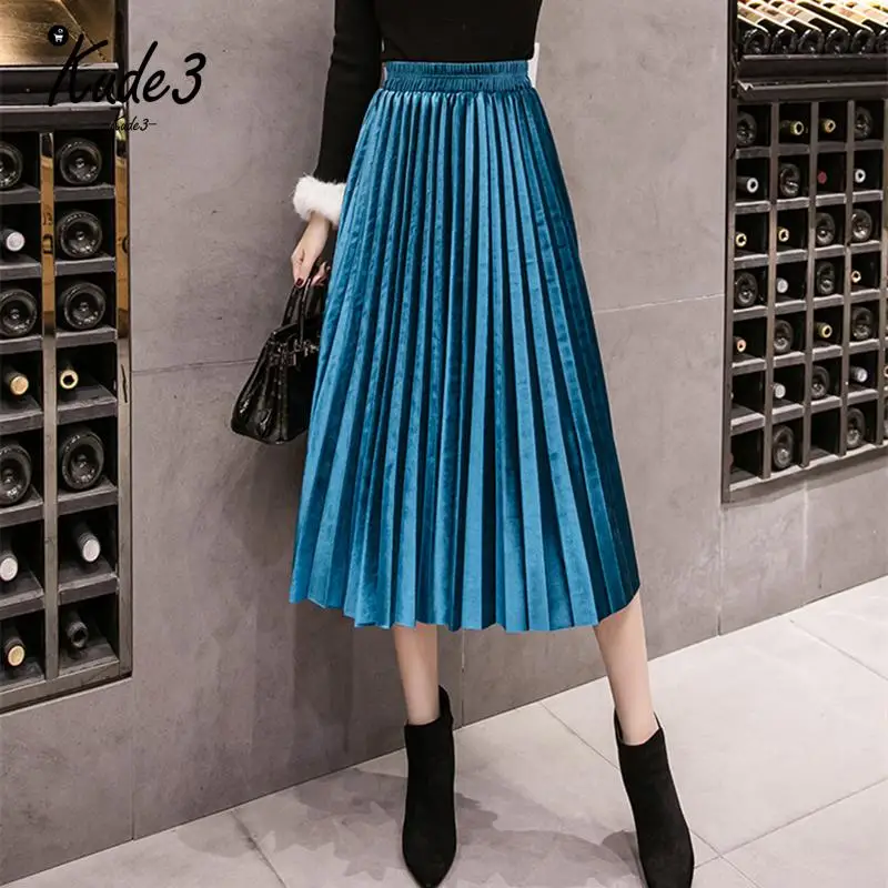 

2019 Autumn Winter Velvet Skirt High Waisted Skinny Large Swing Long Pleated Skirt Metallic Colors Plus Size 3XL Midi Saia 5822