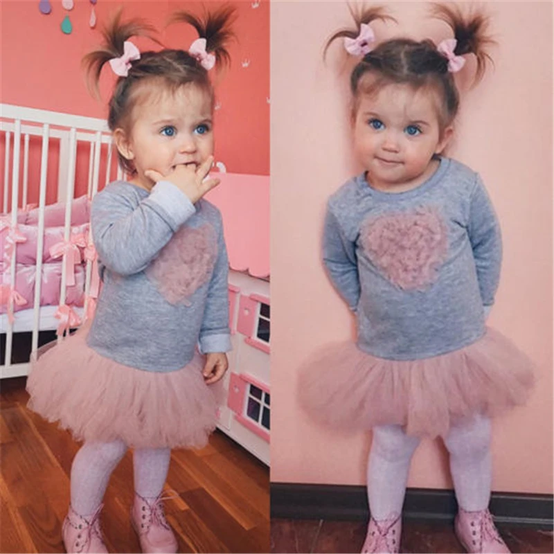 

2018 New Year Costumes For Girls Fashion Kids Baby Girl Long Sleeve Heart Lace Tutu Tulle Dress Baby Girls Clothes Cute Vestido