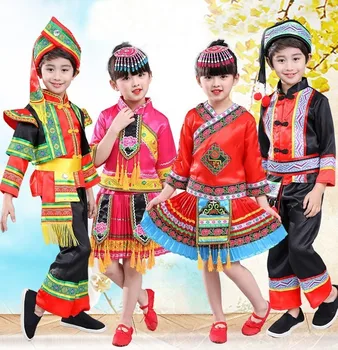 

Children Miao Show Serve Yunnan Ethnic Minority Zhuang Yi Performance Serve Male Girl Dai Gourd Silk Clothing