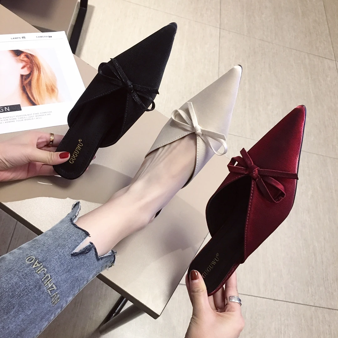 Women Velvet Bowknot Mules 3cm Kitten Heel Slippers Pointed Toe Slides Lady Classic Casual Shoes 