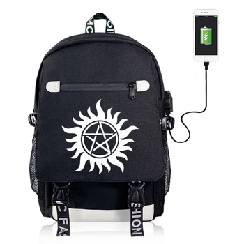 

Supernatural USB Charging Backpack Canvas School Bag Shoulder Bag Packsack Mochila Student Traveling Laptop Bag for Boys Girls