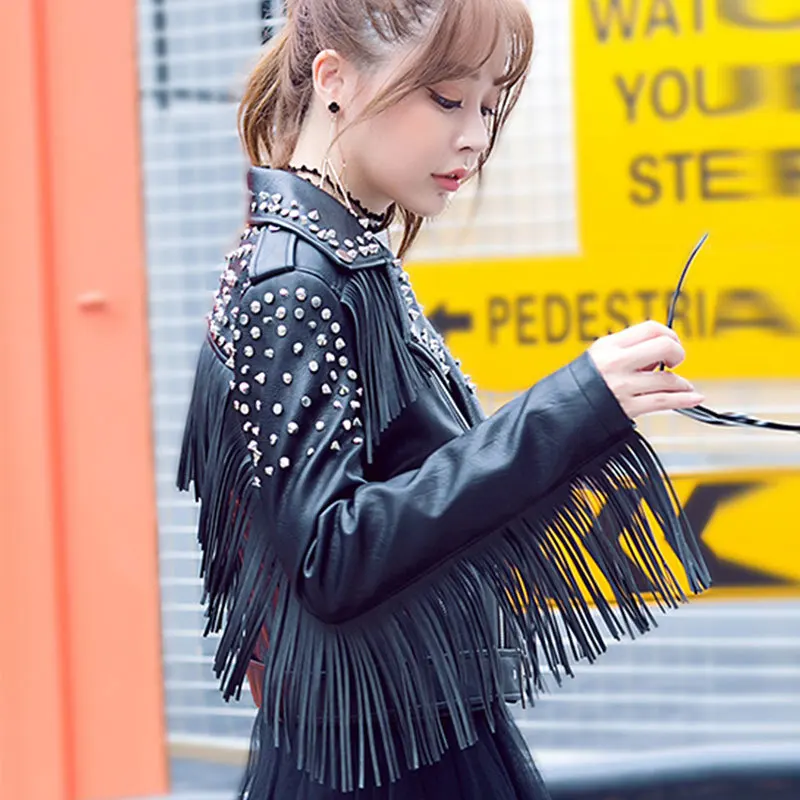 

2019 Autumn Leather Jacket Women Tassel Rivet Motorcycle Faux Leather Short Coat Spring Black Slim Elegant Casual Coat Female HL