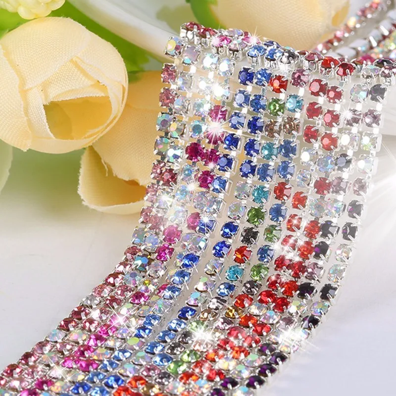 

Pulaqi Colorful Rhinestone Cup Chain Silver Based Claw Mix Color AB Crystal Sew on Cup Chain for Clothing Dress Ornament Decor H
