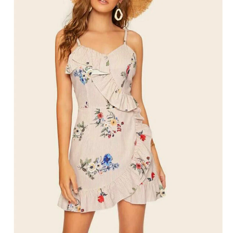 2019 verano Boho estampado de flores señora mujer Spaghetti Strap volantes vestidos vestido de sol|Vestidos| AliExpress