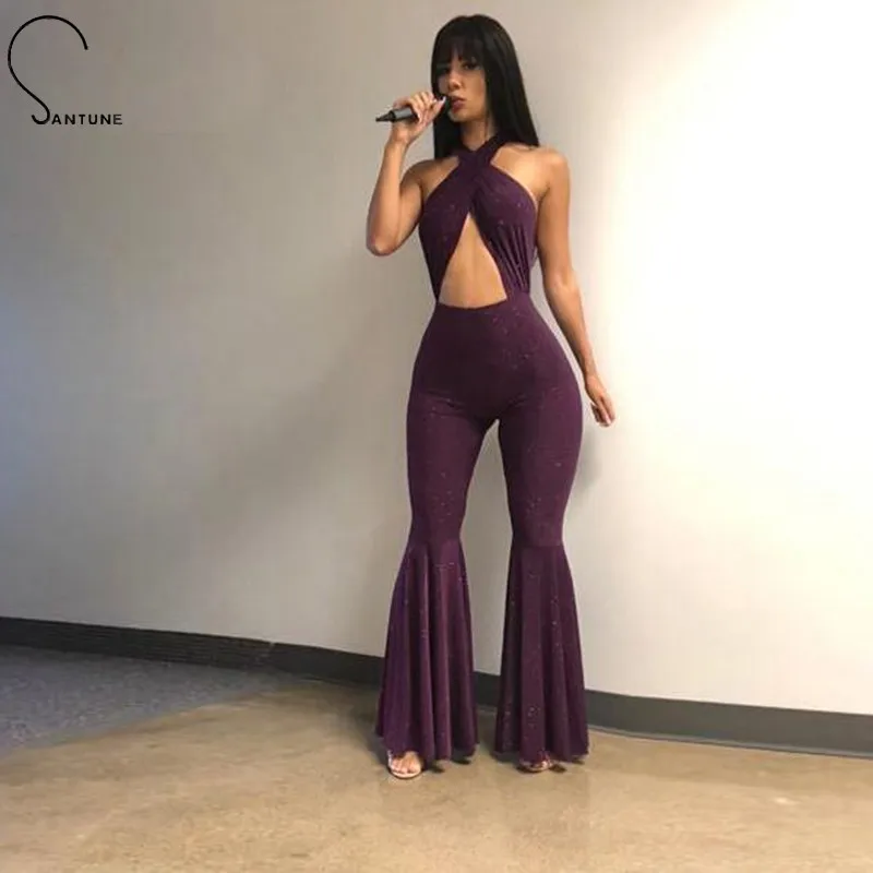 

Santune Ruffle Summer Sexy Women Jumpsuit 2019 Bandage Halter Skinny Elegant Bodycon Jumpsuit Lift Hips Backless Romper Overalls