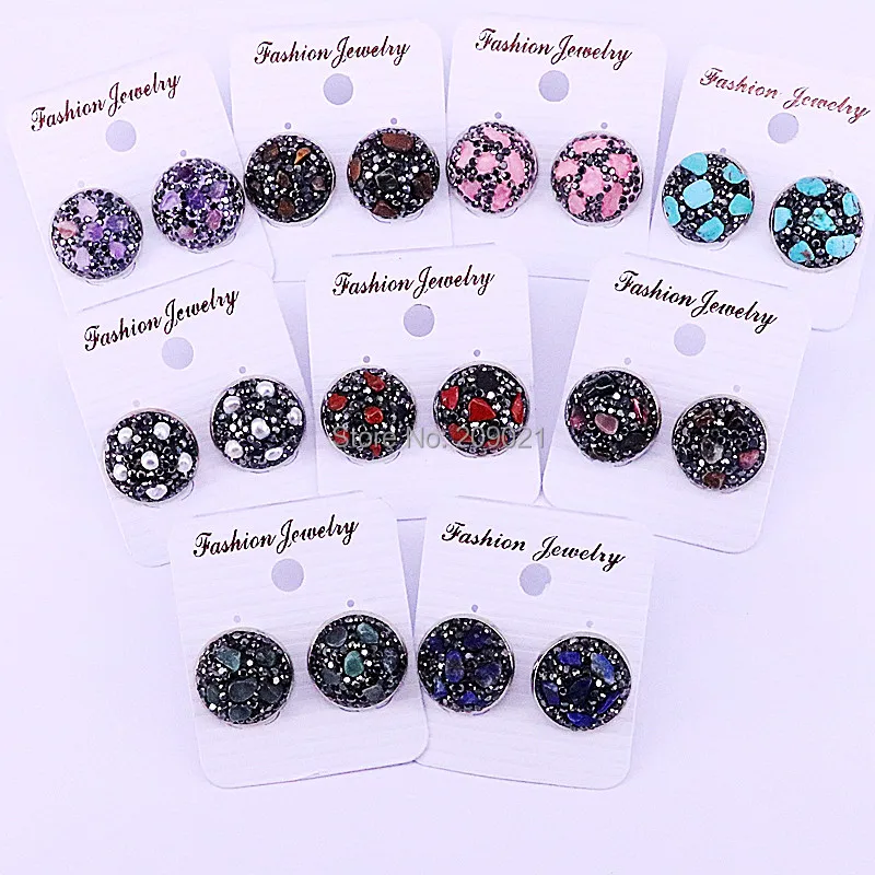 

10Pair Nature stone 18mm Studs,Pave Black Rhinestone Round Shaped Charm Stud Earrings Jewelry finding for Woman