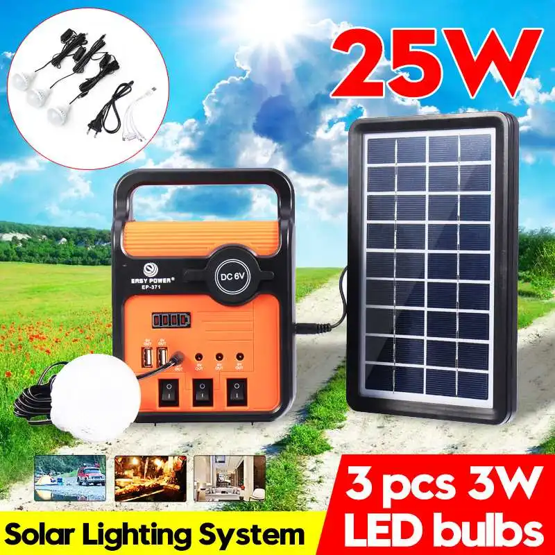 

25W Solar Storage Generator+3 Bulbs+Radio LED Lighting USB Charger Solar Panel Solar Power Home/Outdoor System Kit