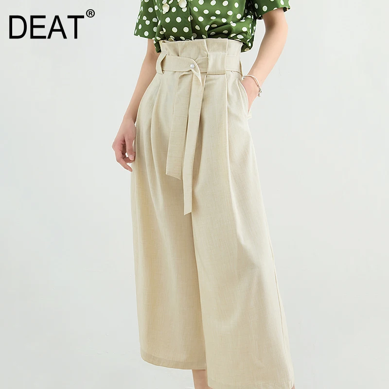 

[DEAT] 2019 New Autumn Winter High Waist Beige Loose Long Waist Bandage Wide Leg Pants Women Trousers Fashion Tide JT07