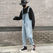 Японский стиль, мужские ковбойские штаны с дырками, повседневные штаны, комбинезон, мужской синий комбинезон, сплошной цвет, облегающие брюки, S-2XL