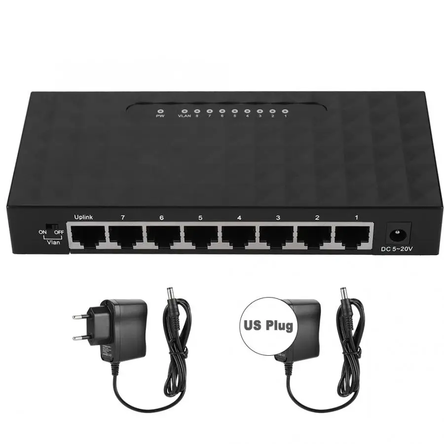 

Network Adapter 8 Ports High Performance Network VLAN Hub 100M Ethernet Desktop Switch 100-240V Black high-speed forwarding