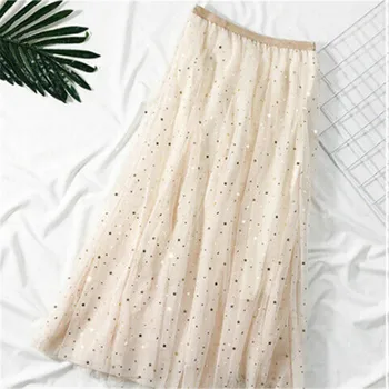 

2019 New Women Girls High Waist Casual Pleated Skirt Long Skirt Swing Star Moon Tulle Mesh Summer Fairy Skirts