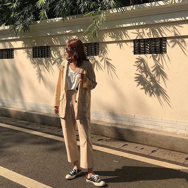 

2019 Spring Korean Women's Solid Single Breasted Jacket And Trousers Suits Turn-Down Collar Tops Business Suits