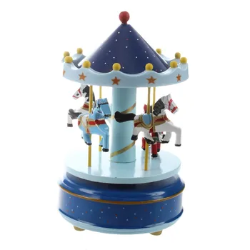 

Musical Carousel Horse Wooden Carousel Music Box Toy Child Baby Deep Blue Game Wood And plastic horses