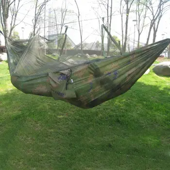 

260*130cm Camping Hammock Mosquito Net Portable Outdoor Garden Travel Swing Canvas Stripe Hang Bed Hammock Army Green
