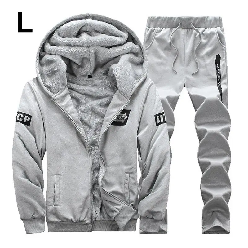 

Men's Casual Stylish Set Winter Fleece Lined Thickened Warm Fluffy Sports Sweater Suit Soft Smooth Hooded Loose Solid Clothing