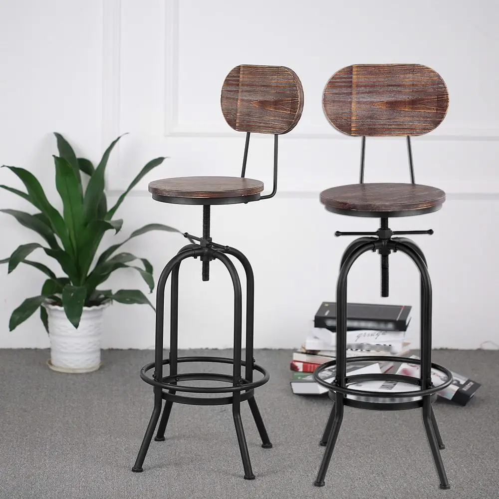 

iKayaa Industrial Style Bar Stool Height Adjustable Swivel Kitchen Dining Chair Pinewood Top+ Metal With Backrest Bar Stools
