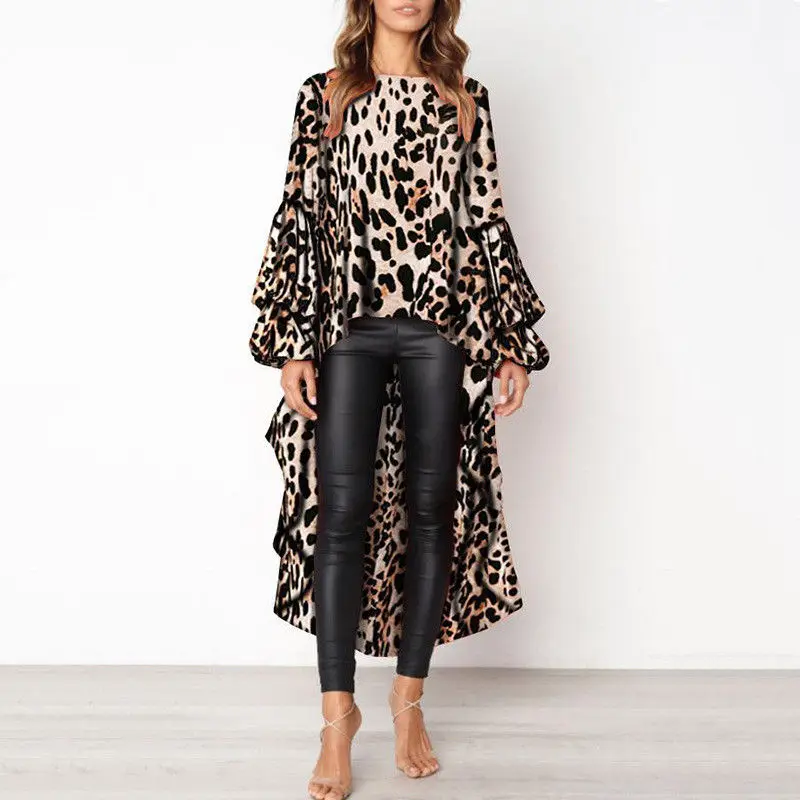 Женские повседневные оборки блузки с круглым вырезом Женская Осенняя длинная рубашка с длинным рукавом с леопардовым принтом