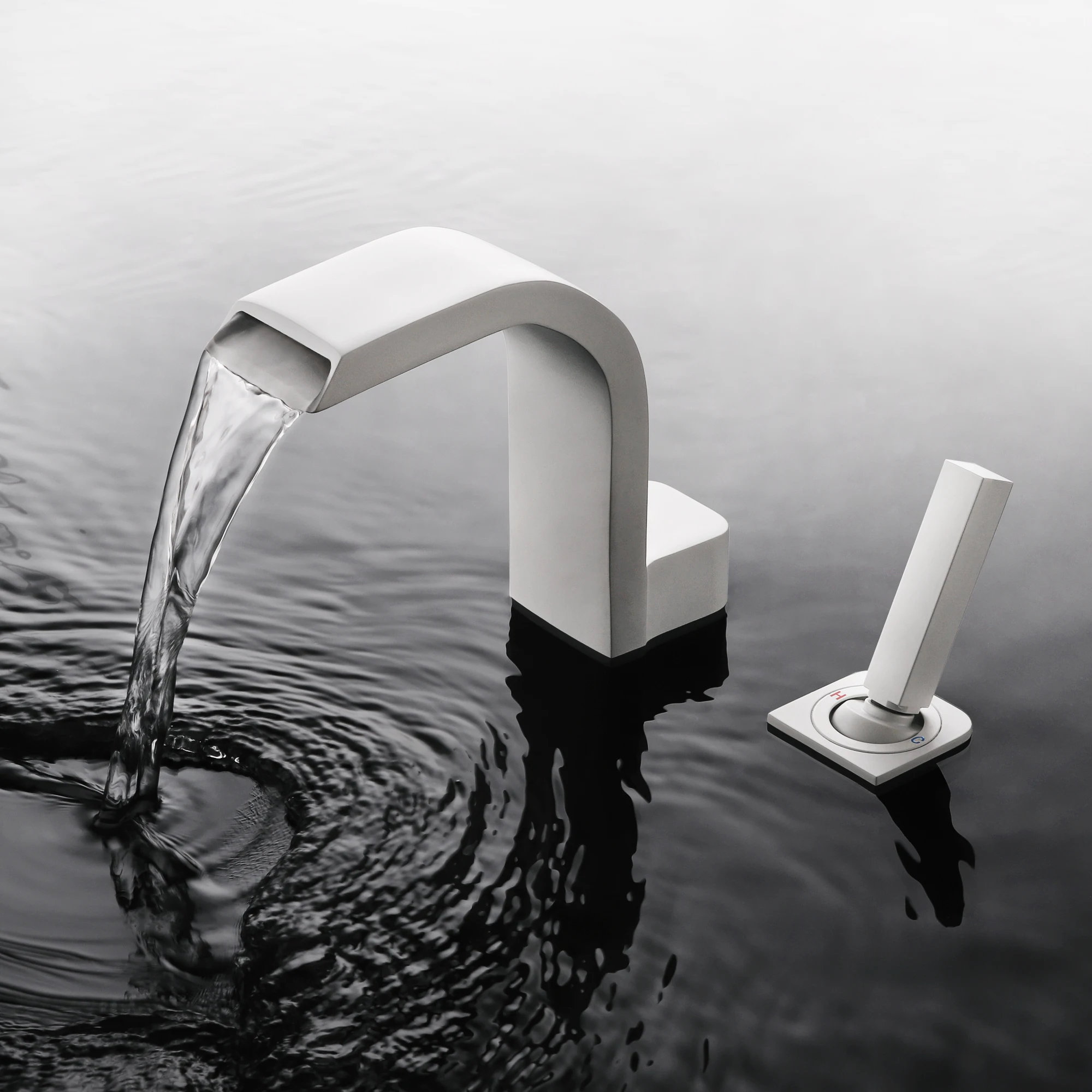 

SKOWLL Single Handle 2 Hole Waterfall Sink Faucet Bathroom Deck Mount Basin Sink Taps Matte White Finished