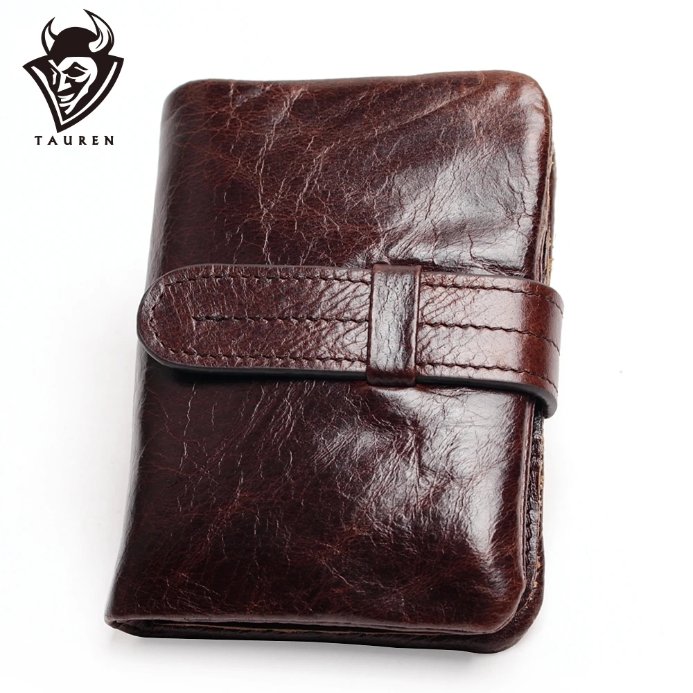 Koop Luxe Vintage Casual 100% Echt Koeienhuid Olie Wax Leather Mannen Korte Bifold Wallets Purse Broekzak Mannelijke Rits