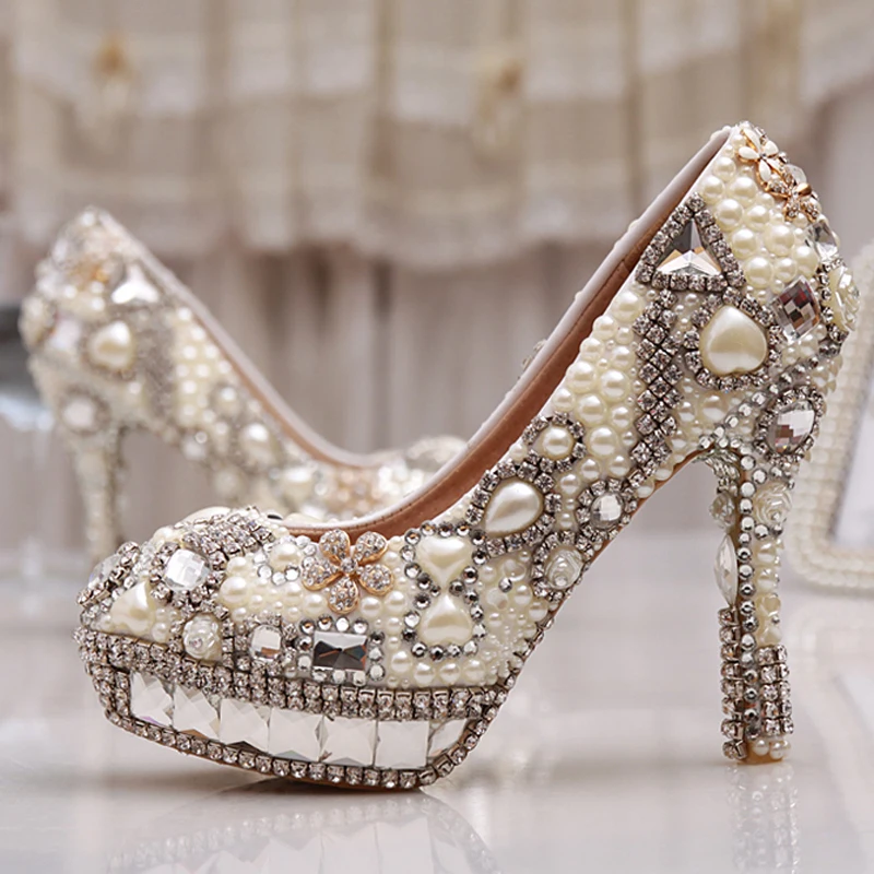 

Ivory Pearl Wedding Shoes with Crystal Platforms 4 Inches High Heel Customized Girl Birthday Party Pumps Beautiful Lady Shoes