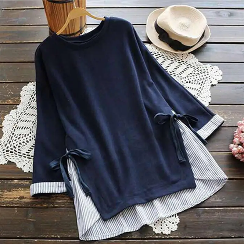 

2019 Plus Size Spring Women Casual O Neck Long Sleeve Blouse Blusas Fashion Striped Patchwork Bow Tie Loose Shirt Vestido Female