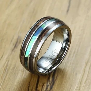 

Tungsten Carbide with Abalone Shell and Hawaiian Koa Wood Tri-Inlay Men Ring 8mm Dome Shape Comfort Fit Wedding Band Jewelry