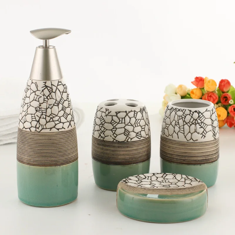LBER 100% Ceramic Bathroom Accessories 4 Piece Set Bath Gift Set Toothbrush Holder Set Tumbler Soap Dish Including Soap Dispener LBER 100% Ceramic Bathroom Accessories 4 Piece Set Bath Gift Set Toothbrush Holder Set Tumbler Soap Dish Including Soap Dispener