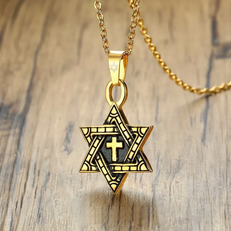 U7 Men Women Jewish Jewelry Megan Star of David Pendant Necklace 18K Gold Israel Necklace Length 22-26 Customize Engraving Back Side Rope or Leather Chain