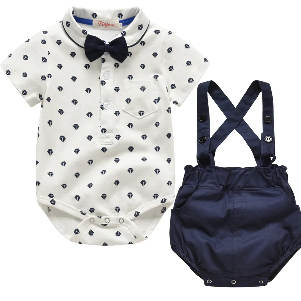 Korean Version 2019 Summer New Infant Baby Boy College Wind Belt Pants Short Sleeve Romper T-shirt Two-piece Set |