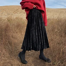 Зимняя Весенняя бархатная плиссированная Женская юбка