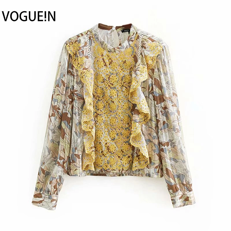 VOGUEIN New Womens Long Sleeve Floral Print Hollow Yellow Embroidery Blouse Top Shirt Wholesale | Женская одежда