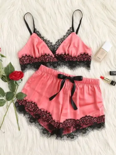 2 шт. Женская Сексуальная атласная пижама с кружевом нижнее белье Babydoll ночная
