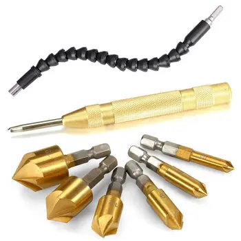 

Countersink Drill Bits Center Punch Tool Set, Automatic Punch + Hex Shank Five-Blade Chamfering Drill Bit + Flexible Extention