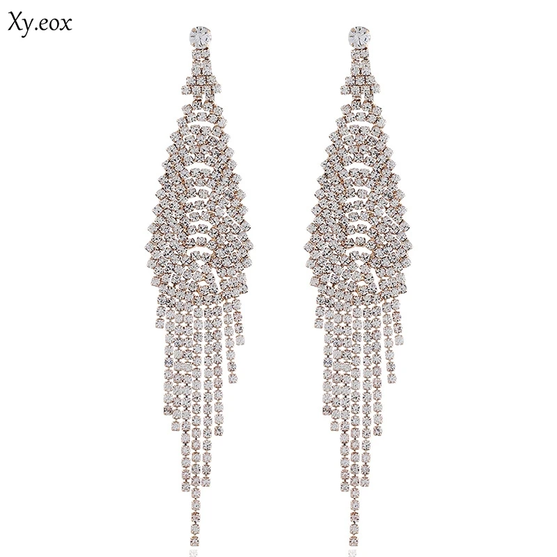 

Newest Spring Long Tassel Earrings for Women Clear Crystal Bridal Hanging Brincos Wedding Jewelry New Year Gift