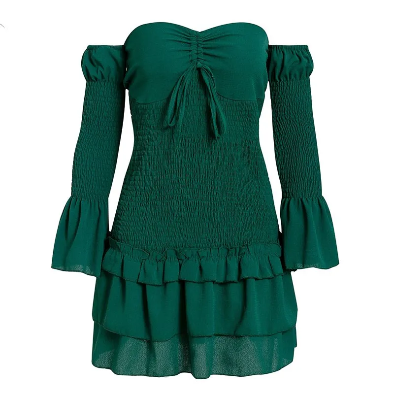 

Sexy Women Off Shoulder Dress Female Long Sleeve Ruffled Dress Ruffles Ladies Puff Sleeve Drawstring Mini Dress