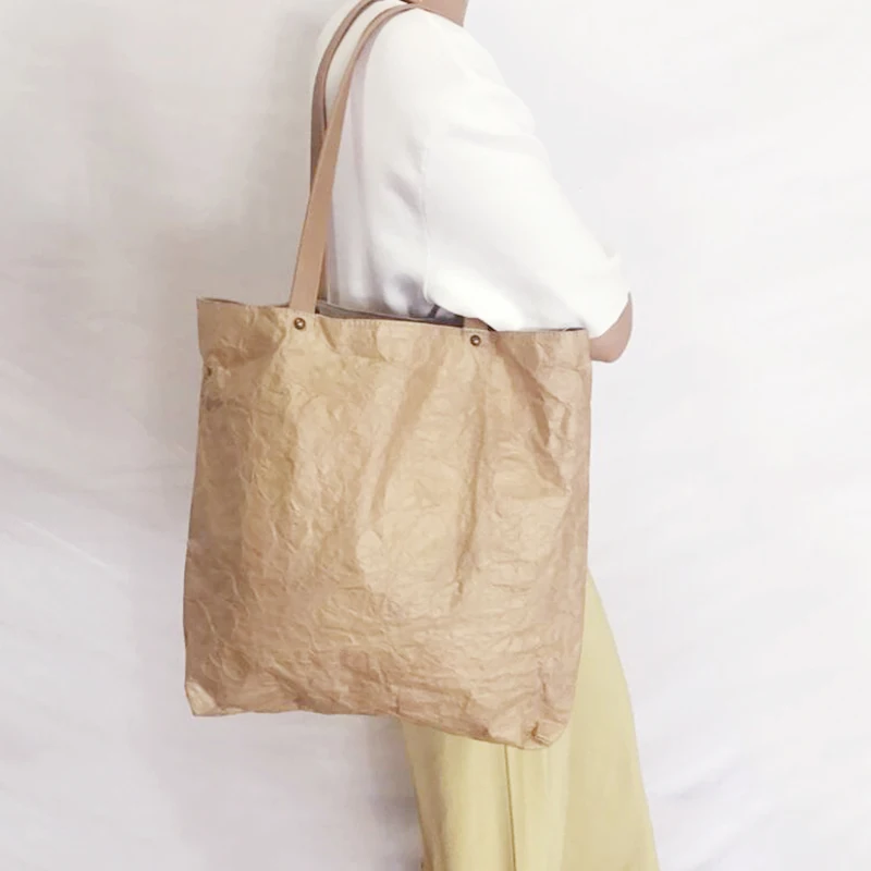 

Women Vintage Handbag Shopper Europe Retro Kraft Paper Casual Tote Female Wrinkled Shoulder Bag Simple Solid Canvas Shopping Bag