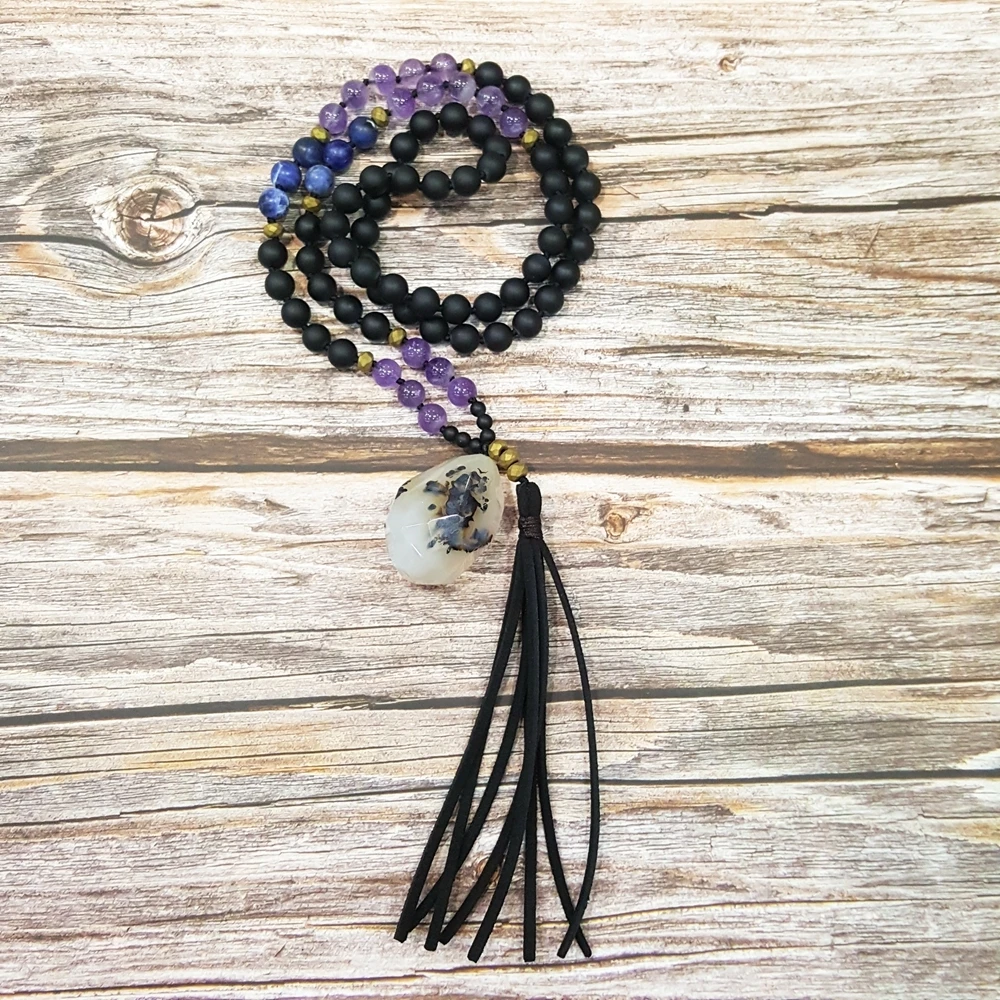 

LiiJi Unique Natural Amethysts Sodalite Agates Pendant Leather Bohemia Long Necklace 30 inch Drop Shipping
