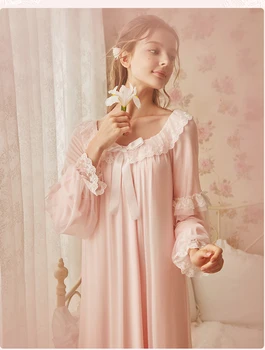 

Skirt Woman Spring And Autumn Long Sleeve Long Night Skirt Sweet Sexy Pajamas Lace Vintage