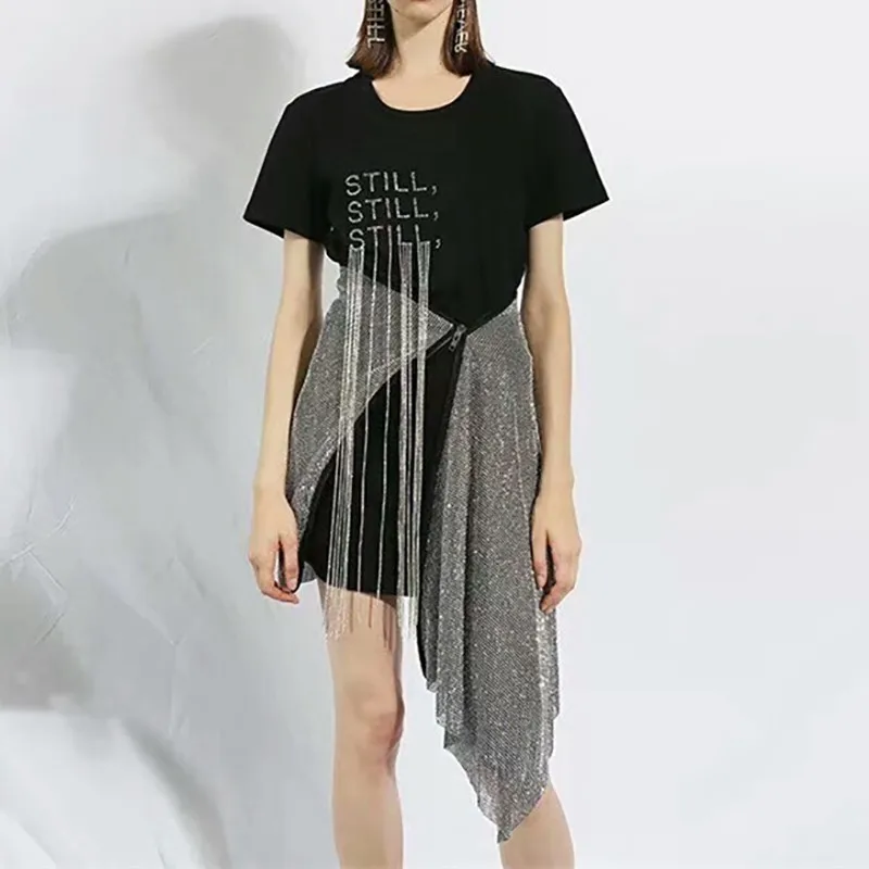 

[YaLee] New Fashion 2019 Spring Summer Tassel Letter Printed T-shirt Zipper Irregular Half-body Skirt Two Pieces Set women Y434