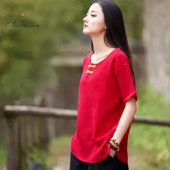 

Spring Summer Vintage Short Sleeve Casual Chinese Style O Neck Solid Color Cotton Linen Loose Women T-shirts