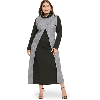 

New Fall Winter Women Plus Size Dress Plaid Panel Slit Long Sleeve Maxi Dress Turtleneck Casual Office Lady Vintage A-Line Dress