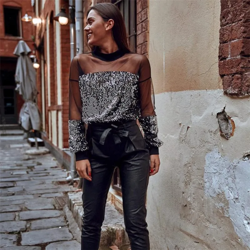 

Women Mesh Patchwork Shirts Sequin Blouse Summer Fashion Ladies Long Sleeve Lace Sheer Shirt Tops Pullover Femme Chemise Clothes